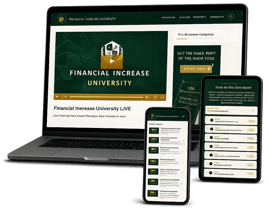 Financial Increase University portal shown on laptop, tablet and phone